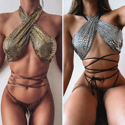 Hot Style Snake Print Strappy Bikini - Sexy Swimwear