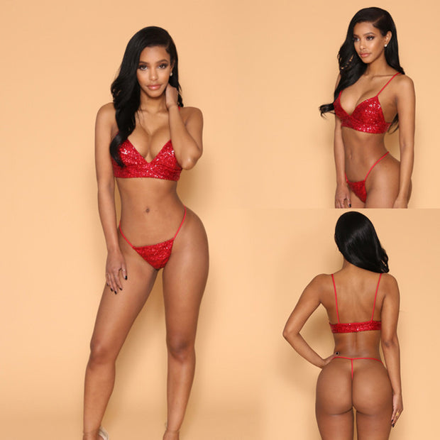 Sequin Bikini Suit with Suspenders - Sexy Swimsuit with Nail Sequins