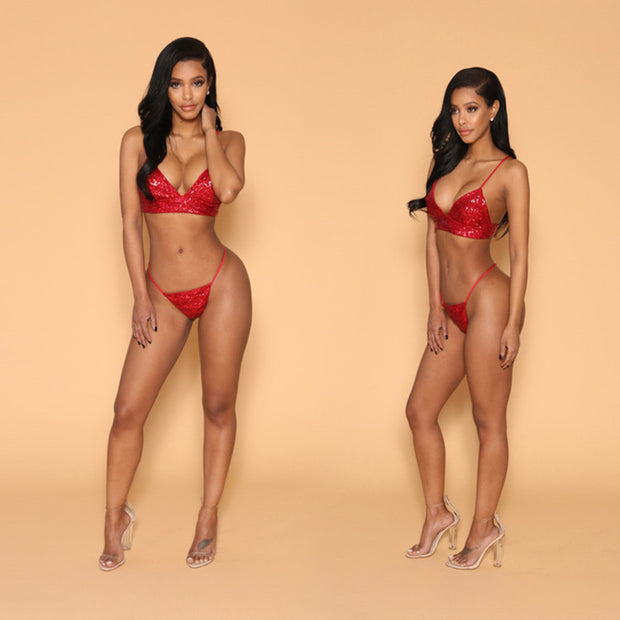 Sequin Bikini Suit with Suspenders - Sexy Swimsuit with Nail Sequins