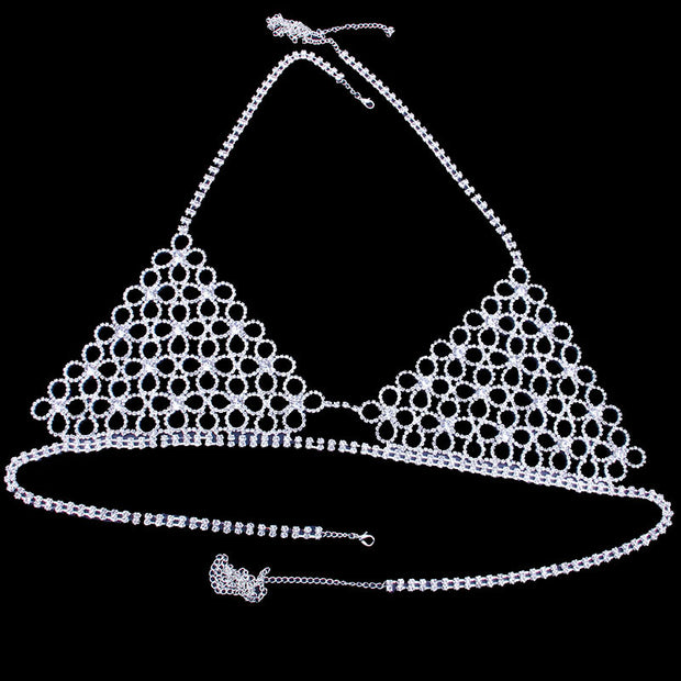 Shiny Sexy Bikini Set with Rhinestone Hollow Flower Body Chain