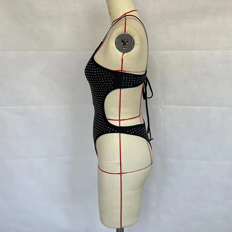 Diamond Hollow Lace One-Piece Swimsuit - Sexy Strap Beachwear