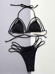 Sparkling Glitter Halter Neck Strappy Bikini Set - Dazzling Swimwear