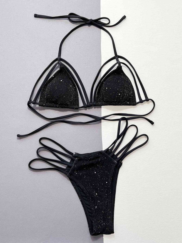 Sparkling Glitter Halter Neck Strappy Bikini Set - Dazzling Swimwear