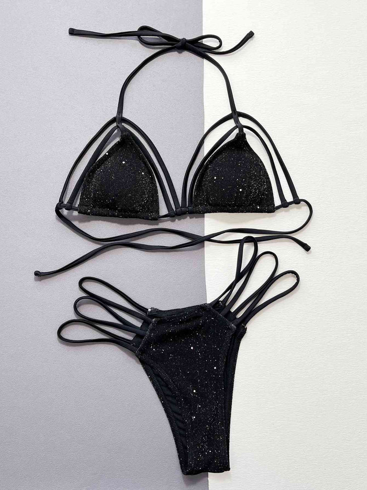 Sparkling Glitter Halter Neck Strappy Bikini Set - Dazzling Swimwear