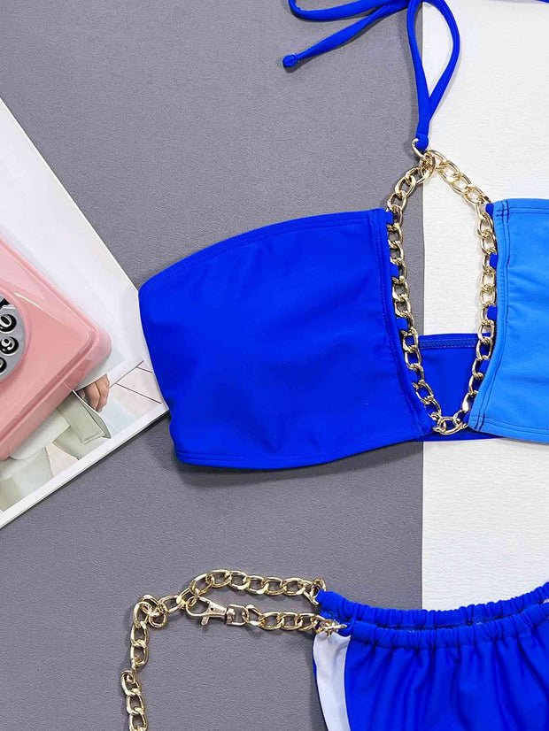 Chic Chain Detail Halter Neck Bikini Set - Stylish Swimwear