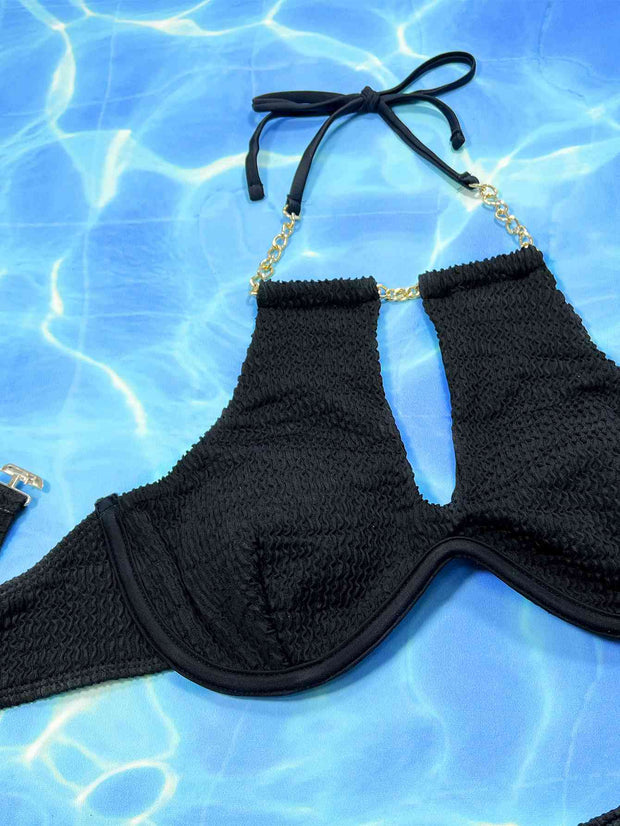 Stylish Halter Neck Bikini Set with Chain Detail - Luxe Two-Piece Swimwear