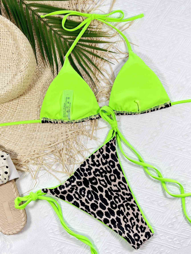 Chic Leopard Print Halter Neck Bikini Set with Tie Sides - Exotic Swimwear