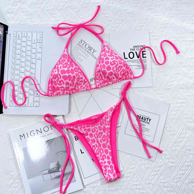Chic Leopard Print Halter Neck Bikini Set with Tie Sides - Exotic Swimwear