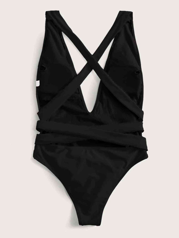 Sexy Halter Neck Deep V Tied One-Piece Swimsuit - Elegant Swimwear