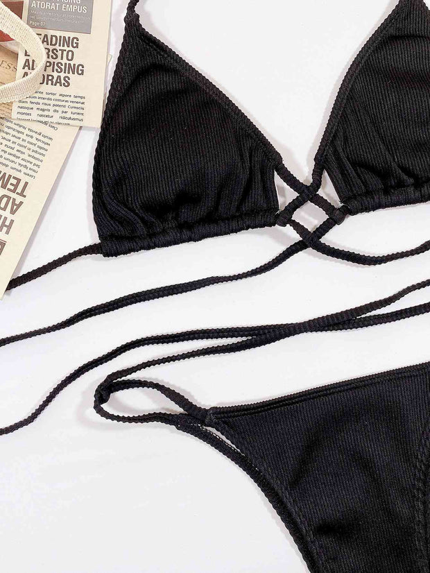 Chic Halter Neck Crisscross Ribbed Bikini Set - Textured Swimwear
