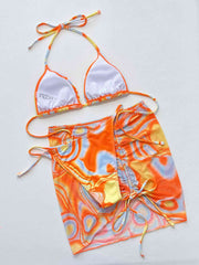 Vibrant Multicolored Ruched Three-Piece Swim Set with Drawstring Detail