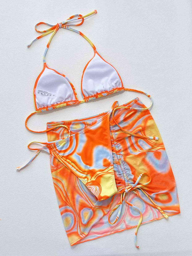 Vibrant Multicolored Ruched Three-Piece Swim Set with Drawstring Detail