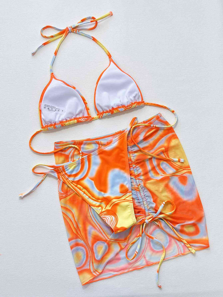 Vibrant Multicolored Ruched Three-Piece Swim Set with Drawstring Detail
