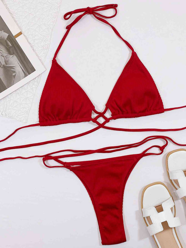 Chic Halter Neck Crisscross Ribbed Bikini Set - Textured Swimwear