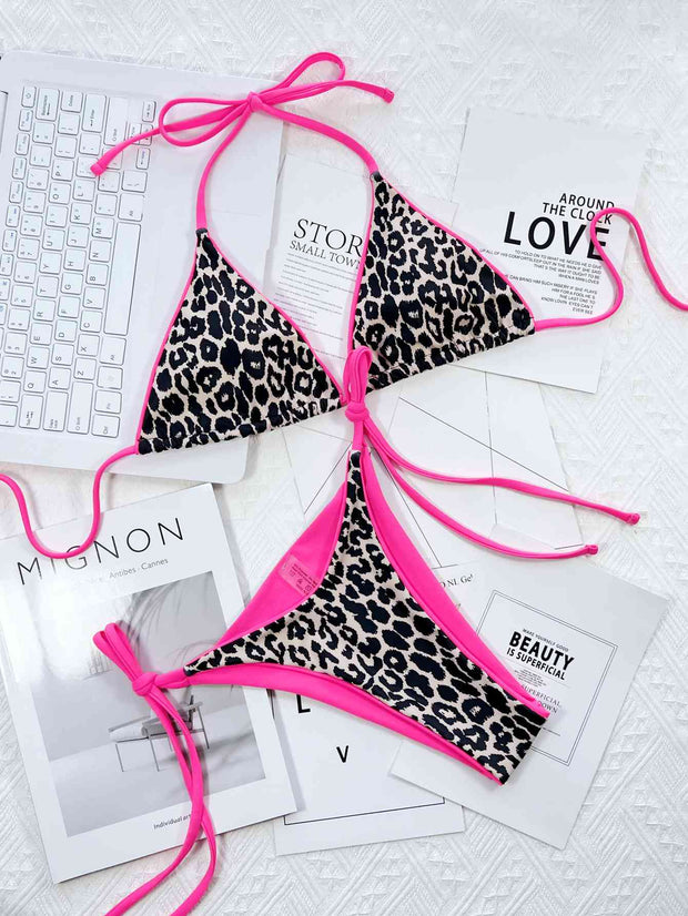 Chic Leopard Print Halter Neck Bikini Set with Tie Sides - Exotic Swimwear