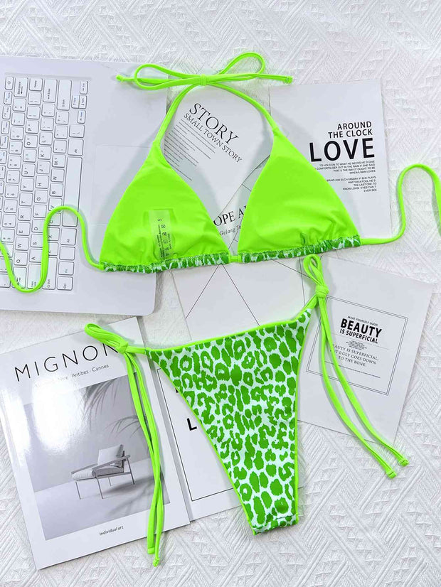 Chic Leopard Print Halter Neck Bikini Set with Tie Sides - Exotic Swimwear