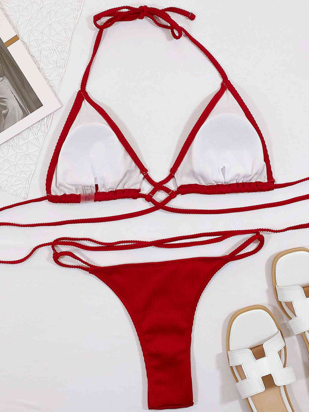 Chic Halter Neck Crisscross Ribbed Bikini Set - Textured Swimwear