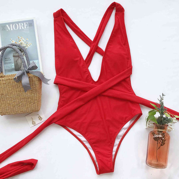Sexy Halter Neck Deep V Tied One-Piece Swimsuit - Elegant Swimwear
