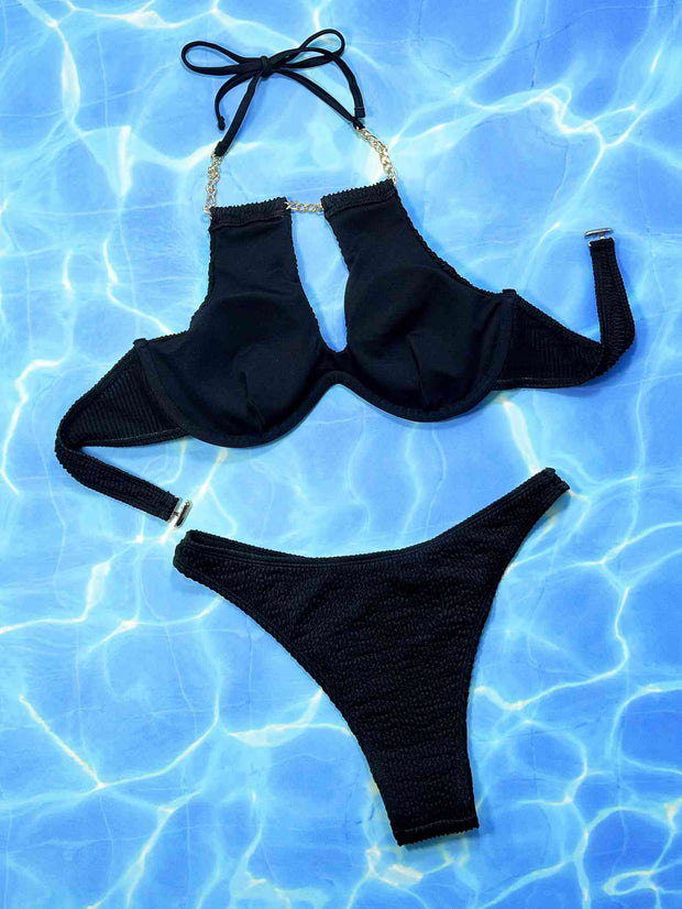 Stylish Halter Neck Bikini Set with Chain Detail - Luxe Two-Piece Swimwear
