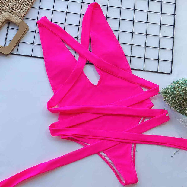 Sexy Halter Neck Deep V Tied One-Piece Swimsuit - Elegant Swimwear