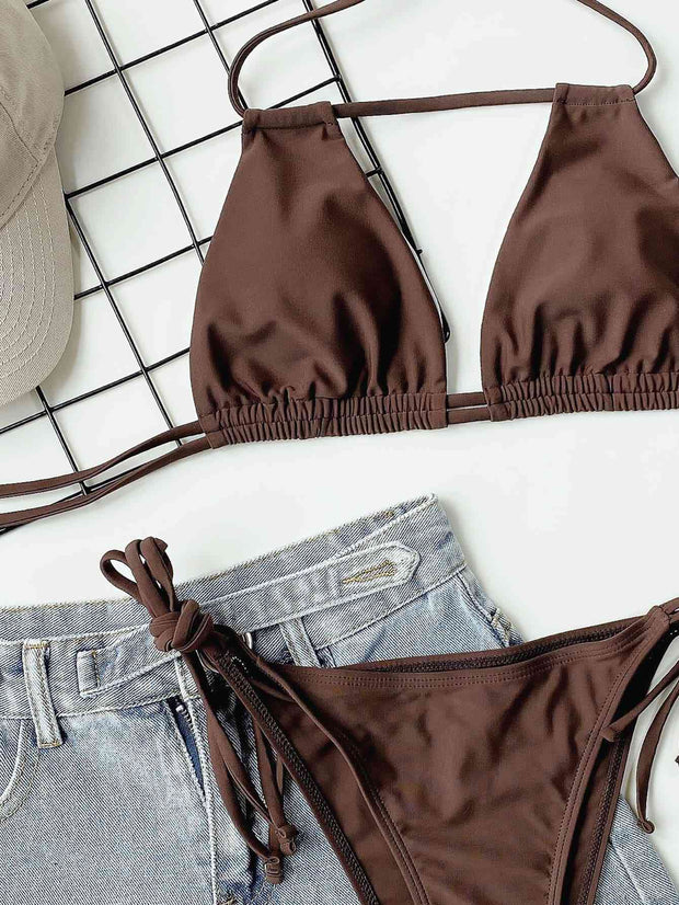Flattering Halter Neck Ruched Bikini Set - Elegant Swimwear