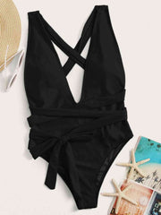 Sexy Halter Neck Deep V Tied One-Piece Swimsuit - Elegant Swimwear
