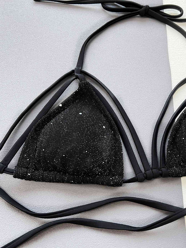 Sparkling Glitter Halter Neck Strappy Bikini Set - Dazzling Swimwear