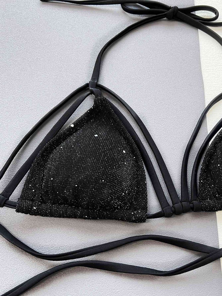 Sparkling Glitter Halter Neck Strappy Bikini Set - Dazzling Swimwear