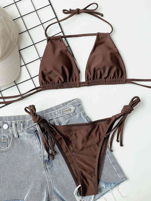 Flattering Halter Neck Ruched Bikini Set - Elegant Swimwear