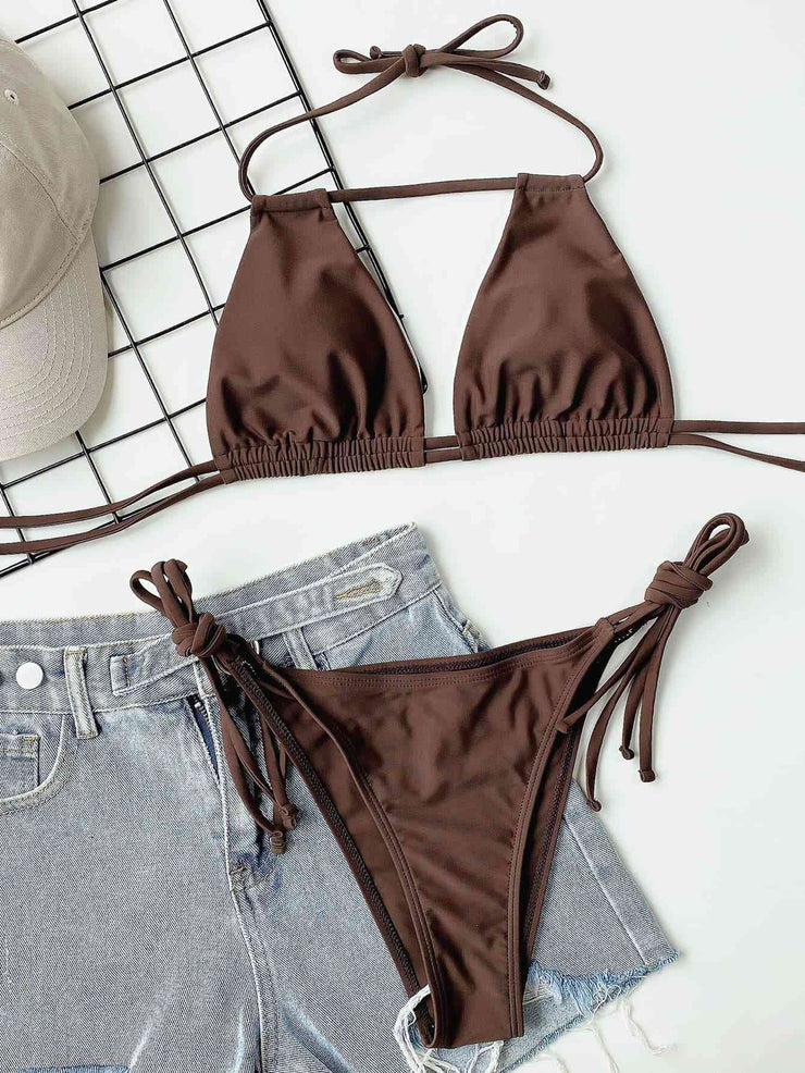 Flattering Halter Neck Ruched Bikini Set - Elegant Swimwear