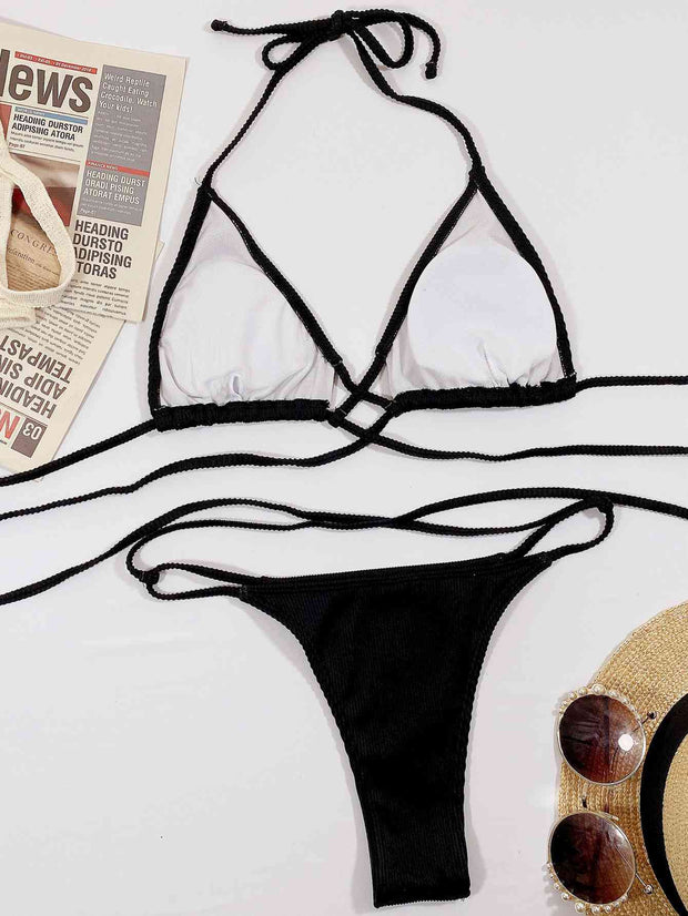 Chic Halter Neck Crisscross Ribbed Bikini Set - Textured Swimwear