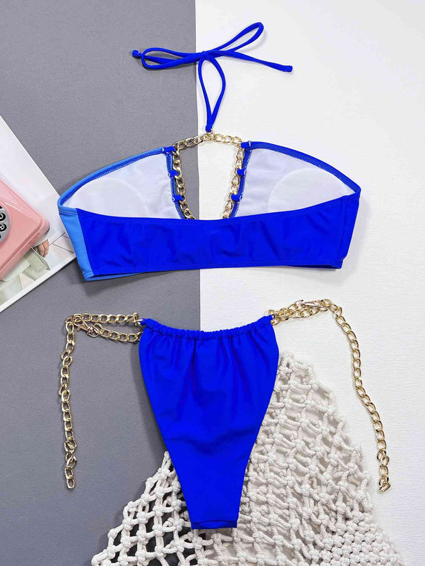 Chic Chain Detail Halter Neck Bikini Set - Stylish Swimwear