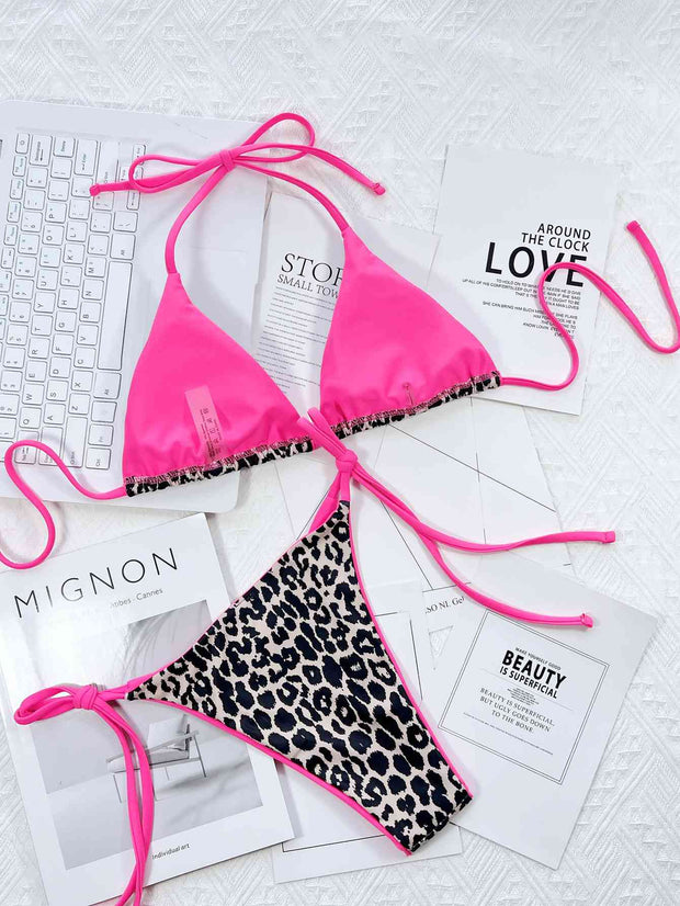 Chic Leopard Print Halter Neck Bikini Set with Tie Sides - Exotic Swimwear