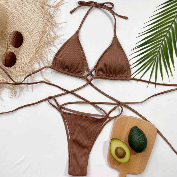 Chic Halter Neck Crisscross Ribbed Bikini Set - Textured Swimwear
