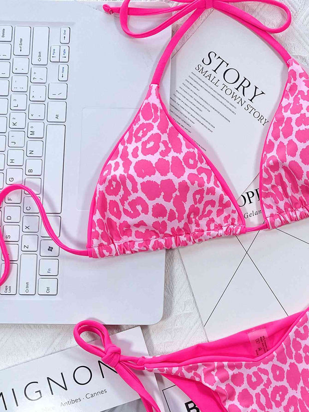 Chic Leopard Print Halter Neck Bikini Set with Tie Sides - Exotic Swimwear