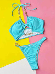 Elegant Halter Neck Two-Piece Bikini Set with Chain Accents