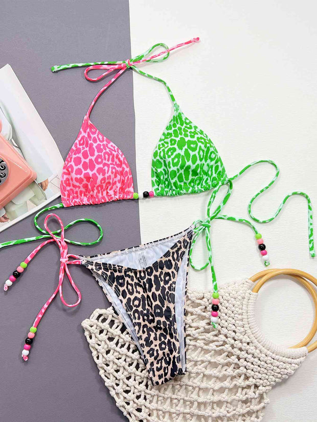 Chic Leopard Print Tied Halter Neck Bikini Set - Trendy Swimwear