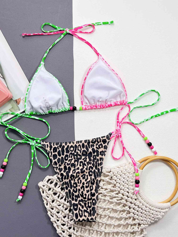 Chic Leopard Print Tied Halter Neck Bikini Set - Trendy Swimwear
