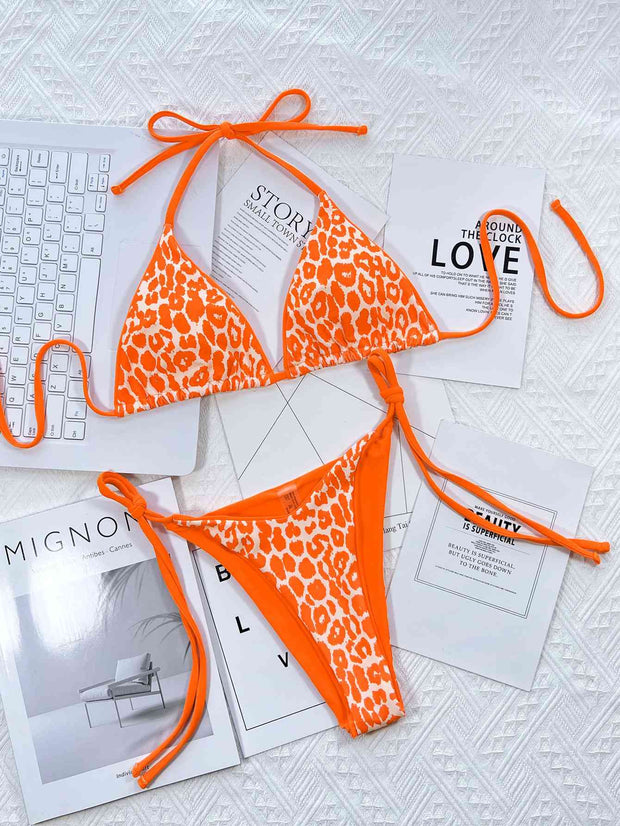 Chic Leopard Print Halter Neck Bikini Set with Tie Sides - Exotic Swimwear