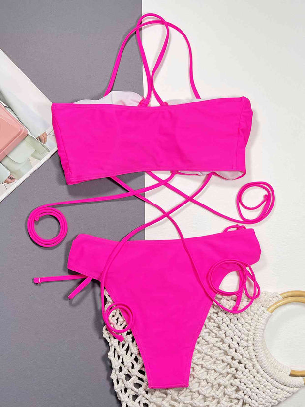 Stylish Halter Neck Bikini Set with Drawstring Detail - Trendy Swimwear