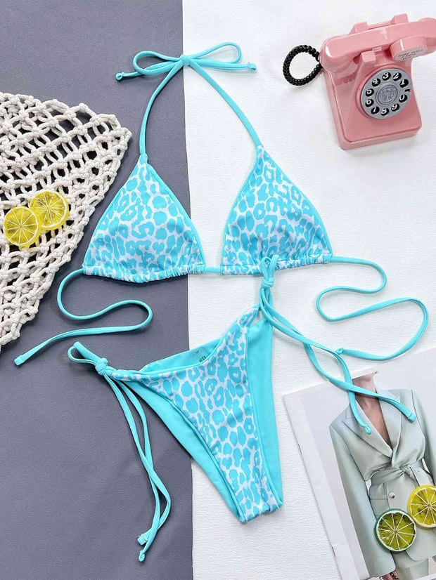 Chic Leopard Print Halter Neck Bikini Set with Tie Sides - Exotic Swimwear