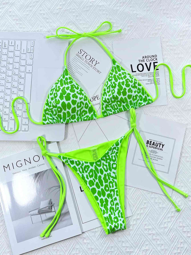 Chic Leopard Print Halter Neck Bikini Set with Tie Sides - Exotic Swimwear