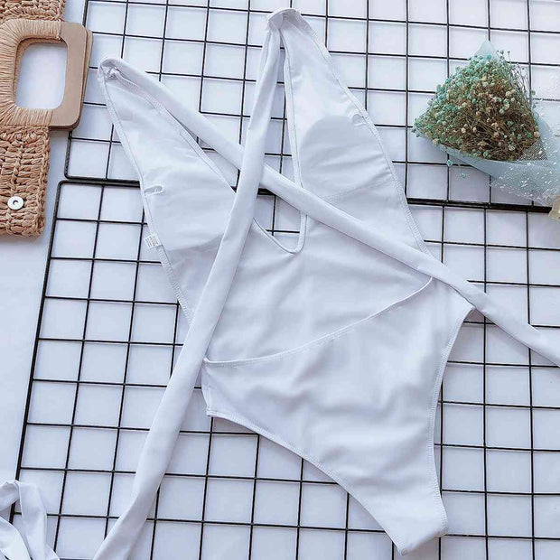 Sexy Halter Neck Deep V Tied One-Piece Swimsuit - Elegant Swimwear