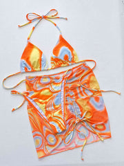 Vibrant Multicolored Ruched Three-Piece Swim Set with Drawstring Detail