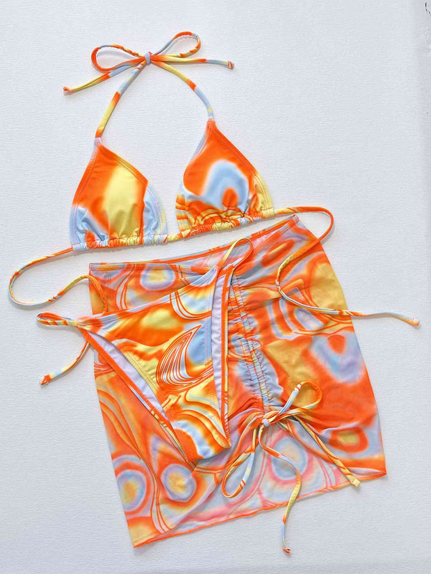 Vibrant Multicolored Ruched Three-Piece Swim Set with Drawstring Detail