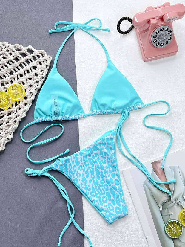Chic Leopard Print Halter Neck Bikini Set with Tie Sides - Exotic Swimwear