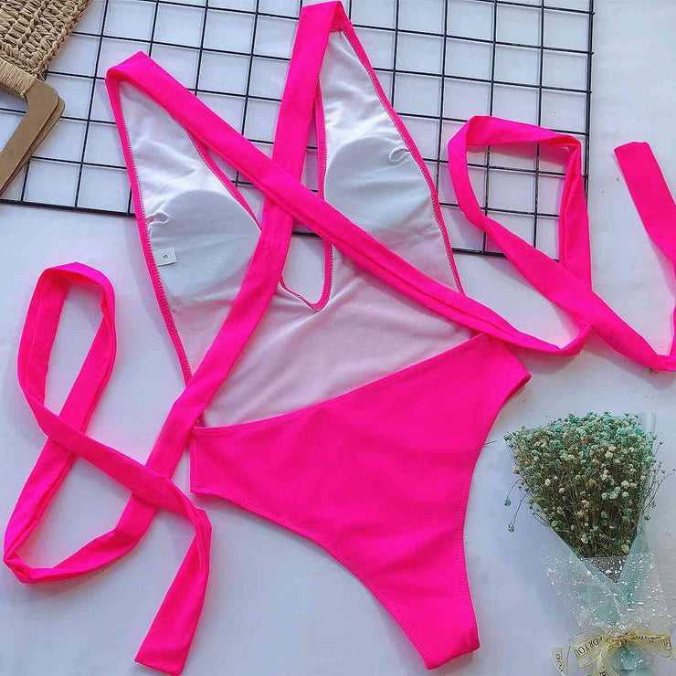 Sexy Halter Neck Deep V Tied One-Piece Swimsuit - Elegant Swimwear