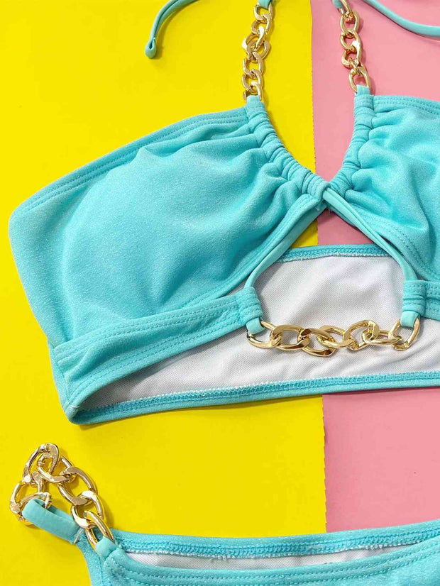 Elegant Halter Neck Two-Piece Bikini Set with Chain Accents