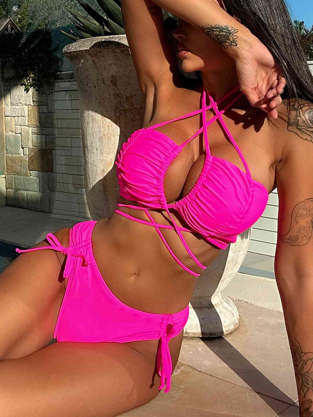 Stylish Halter Neck Bikini Set with Drawstring Detail - Trendy Swimwear