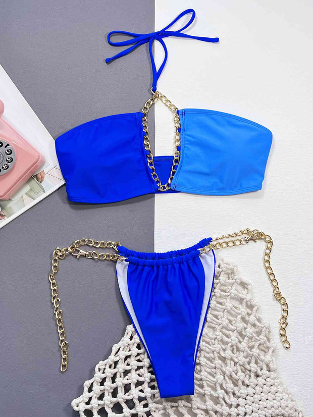 Chic Chain Detail Halter Neck Bikini Set - Stylish Swimwear